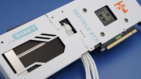 Image of the re-routed power cables on the white edition Inno3D RTX 4060 GPU.