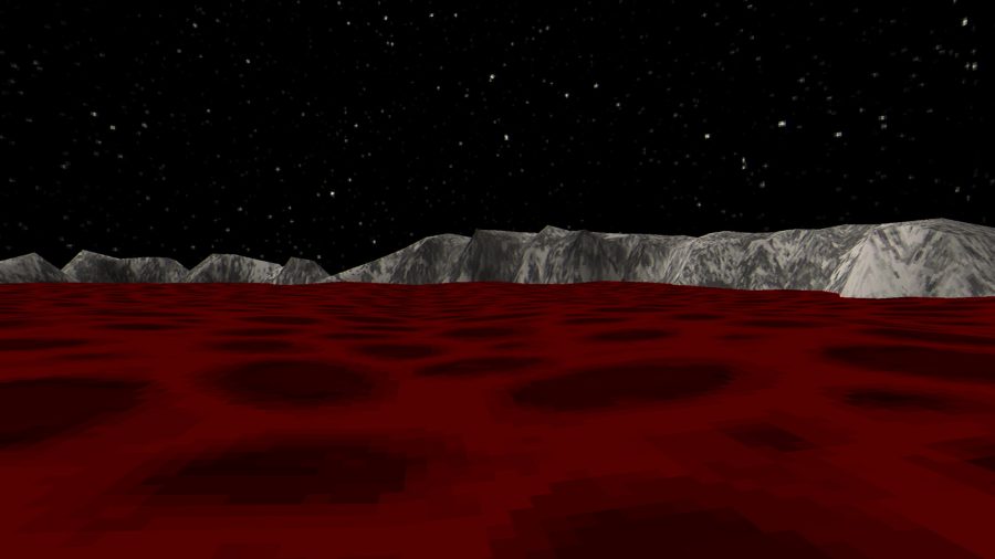 A vast red sea on a moon-like alien planet