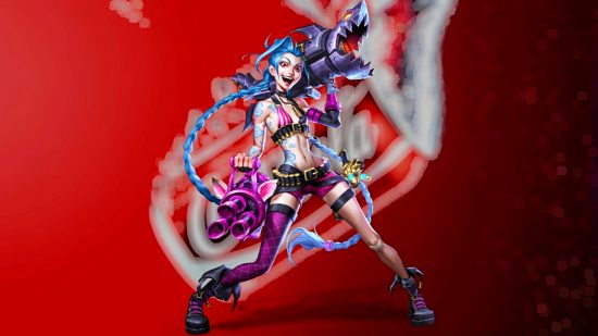 Jinx from League of Legends standing against a red Coca-Cola backdrop