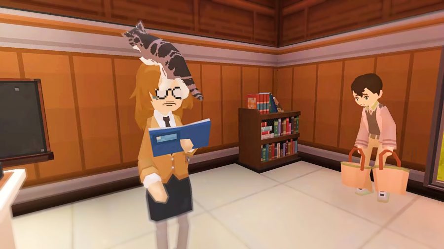 A teacher with a tabby cat atop her head reads a book at the front of a classroom