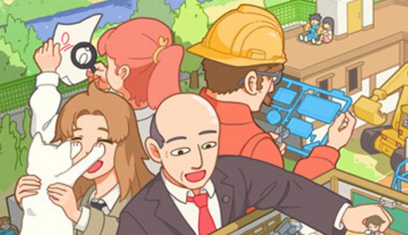 A group of people, including a man in a suit, a man in construction clothing, a woman holding a cat, and a woman inspecting a paper all smiling