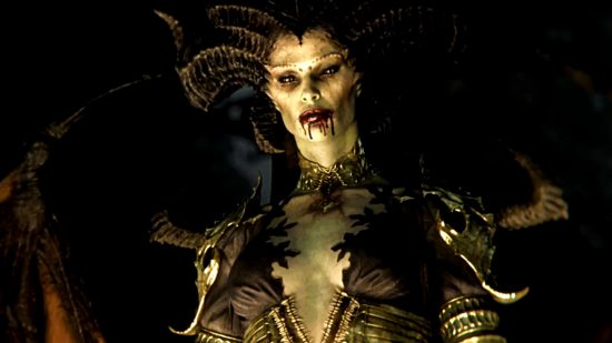 Lilith, a winged pale demon with blood dripping from her mouth, from Diablo 4