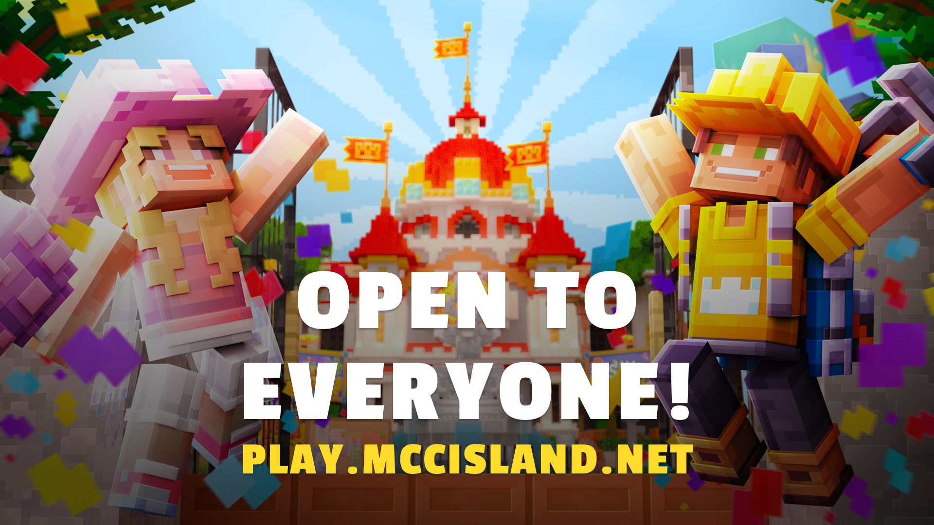 A female and male Minecraft character cheer behind a logo that reads "OPEN TO EVERYONE"