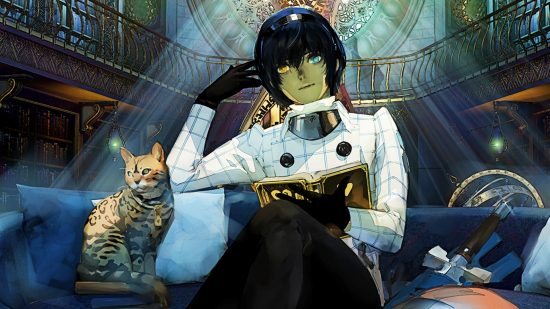 A dark blue-haired anime boy sitting on a sofa with an open book and a tabby cat beside him