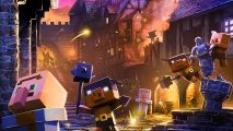 Block-y Minecraft villagers are chased by block-y pig-like men as a city burns behind them