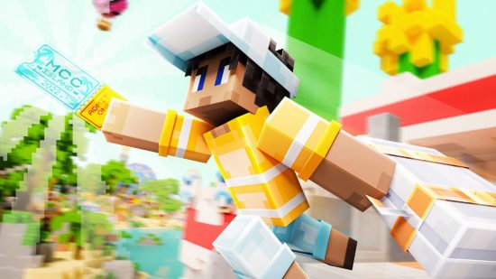 A Minecraft character wearing a yellow striped shirt and white cap is running with an MCC Island ticket and suitcase in hand