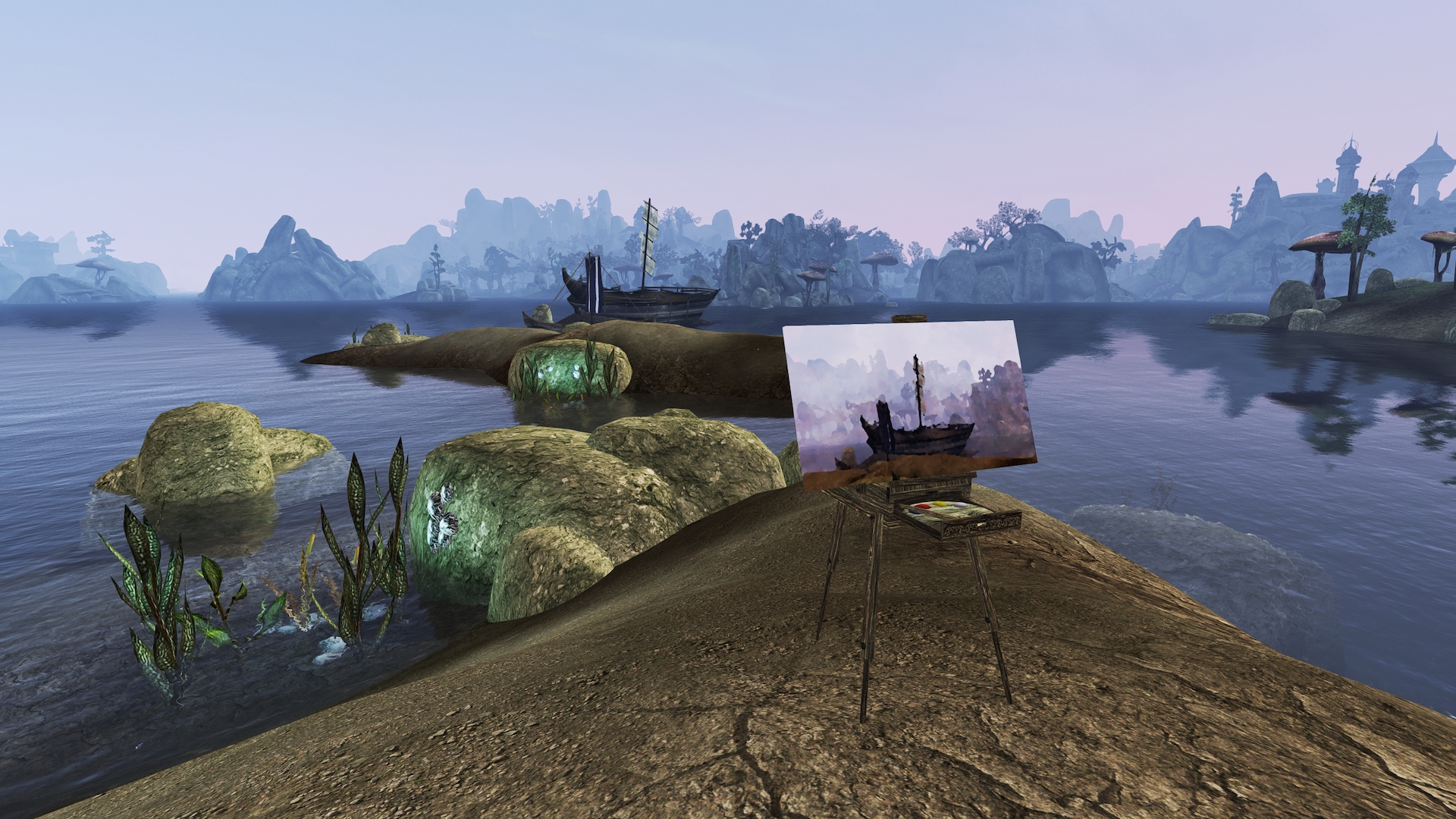 A painting of a boat on a dock sits facing an actual boat in the water of Morrowind