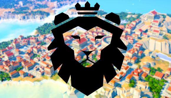 A black lion's head logo wearing a crown against a Roman Empire city backdrop
