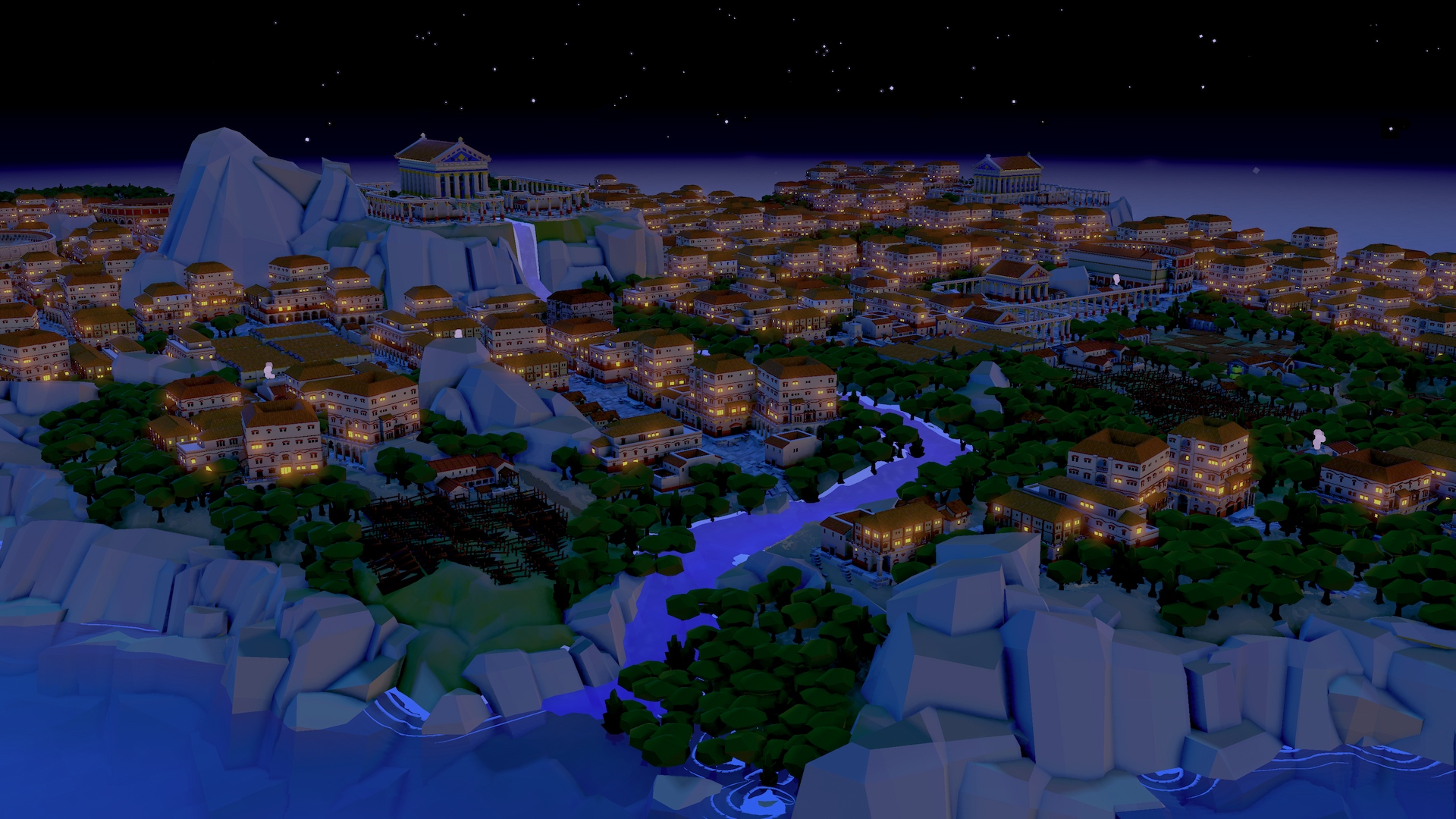 A night time cityscape image of the Roman Empire from Nova Roma