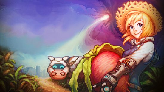 A blond farmer boy with a robotic arm stands holding a giant red radish. In the background, a robotic cow can be seen.
