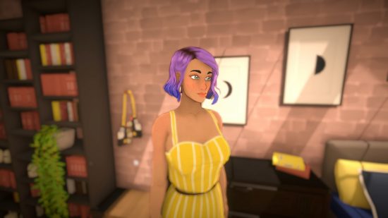 A woman wearing a yellow dress with short purple hair stands in a living room