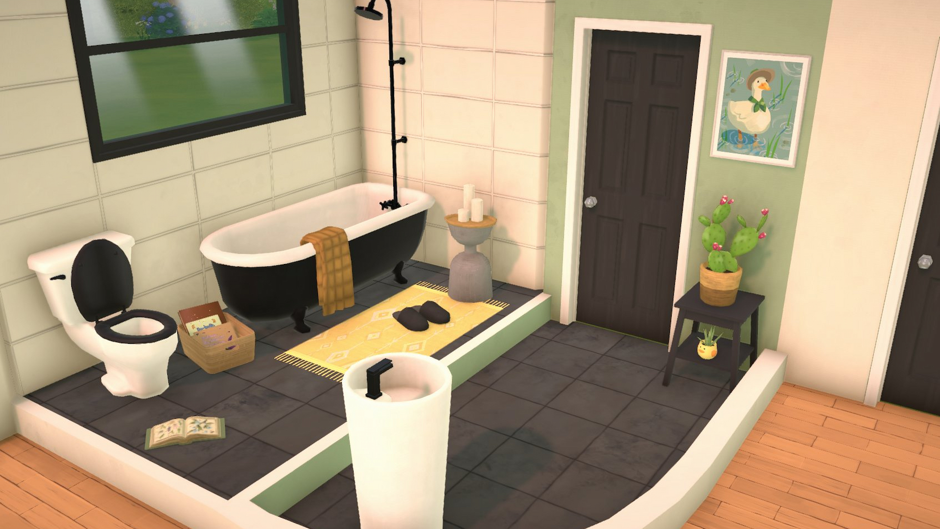 Ein Bild eines Badezimmers von Paralives mit einer schwarzen Tür, schwarzem Fliesenboden, einer schwarz-weißen Badewanne, einem weißen Waschbecken mit schwarzem Wasserhahn und einer Toilette