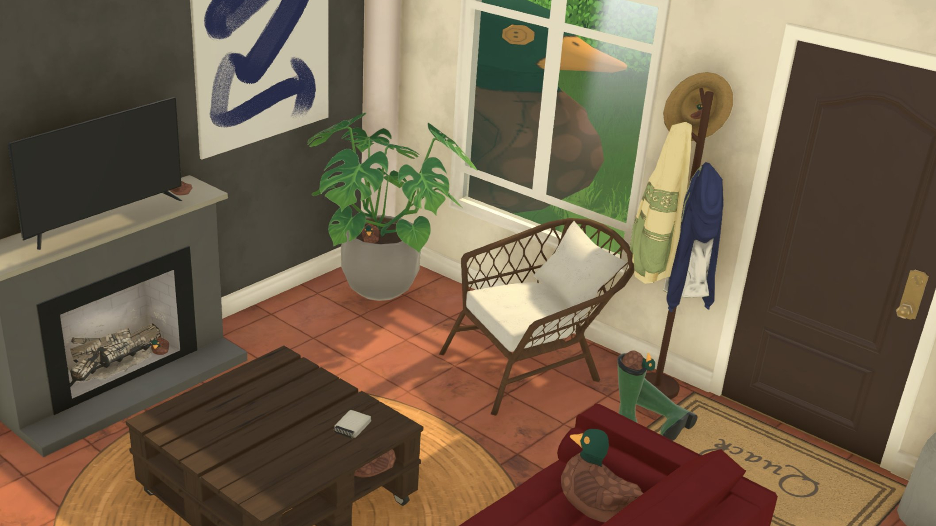 A living room in the game Paralives featuring a fireplace, table, couch, and two duck plushies. One plush is on the couch and the other is massive at the window.