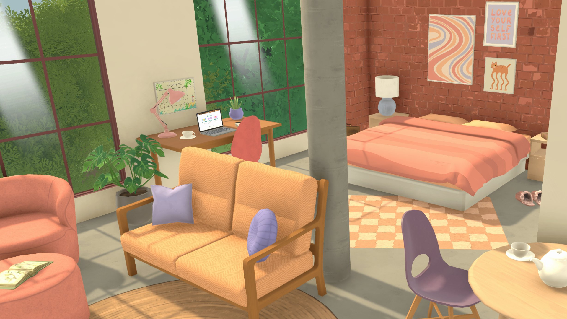 A well-lit bedroom with a soft pink double bed and a yellow couch with blue pillows
