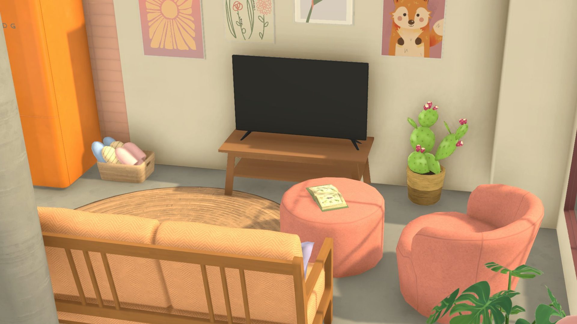 Pastel pink seating shown in a well-lit living room with a flat-screen TV and cactus plant in the background