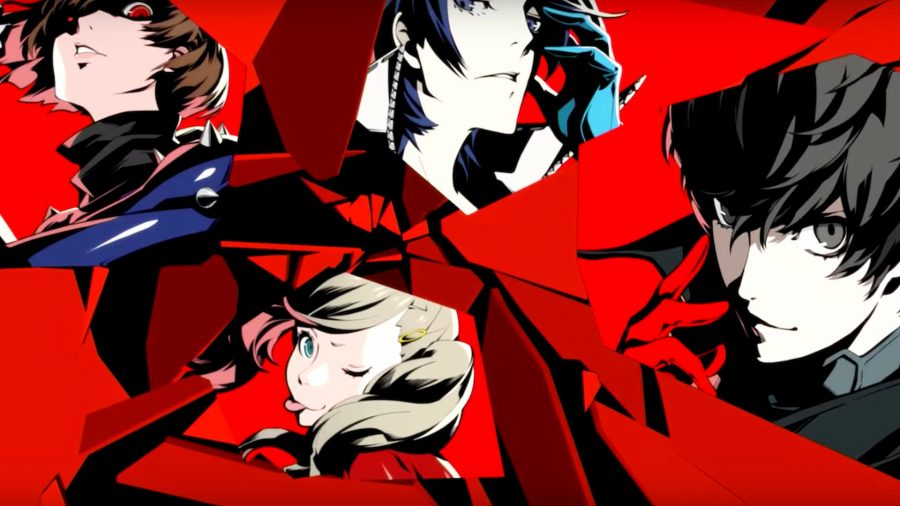 The Persona 5 cast against a red backdrop