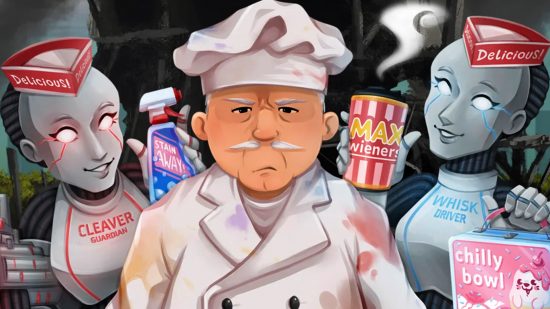 An angry-looking chef stands between two robot waitresses holding cleaning supplies