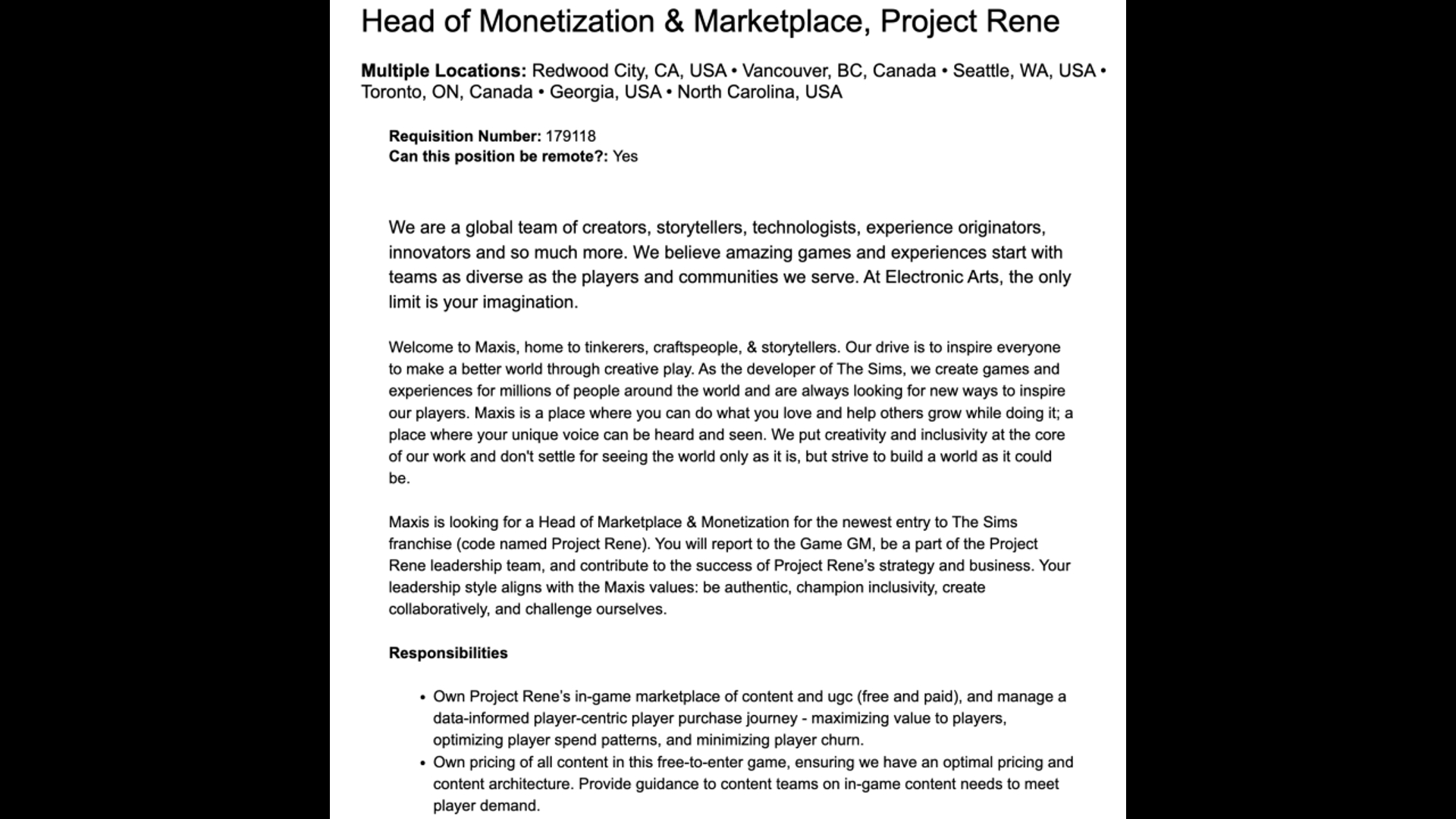 A screenshot of the job listing from EA for the Project Rene Head of Marketing role