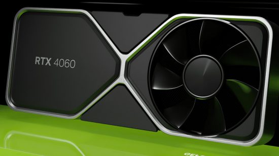 Image of a black GPU sitting on a green background.