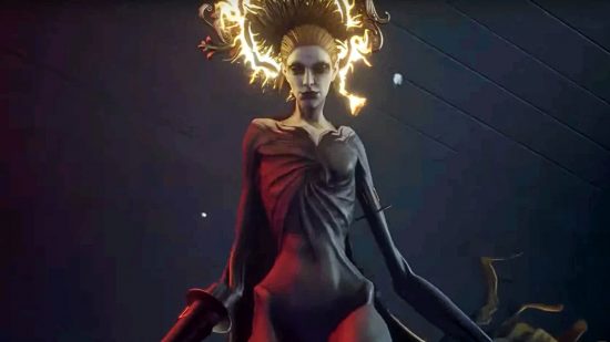 The female vampire leader from Redfall, Black Sun, standing above the player