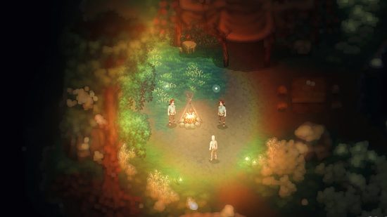Screenshot from the upcoming game Drova showing three men around a campfire