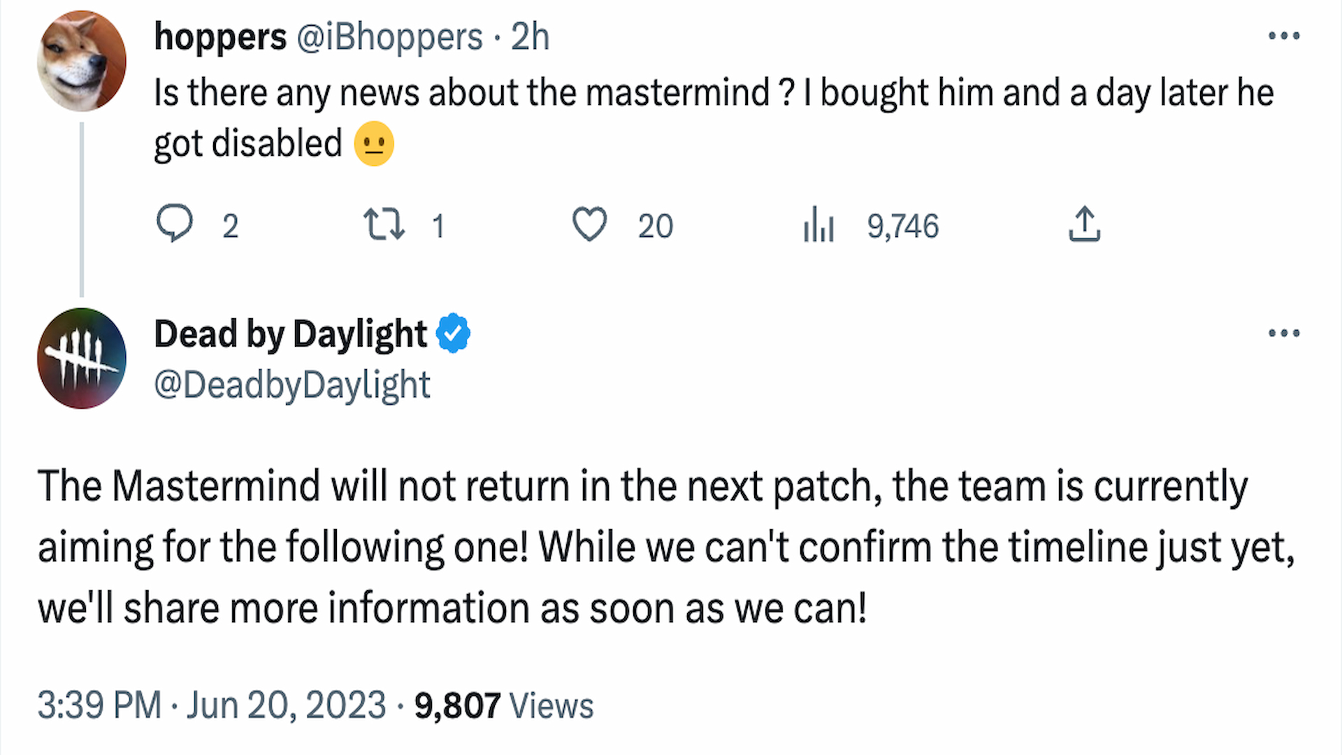 DBD Devs Respond To A Tweet Asking About The Return Of Mastermind Claiming That This Patch Isn't Coming