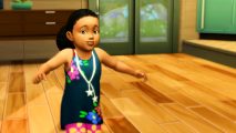 A child Sim with long curly hair and a flower-print dress walks across a wooden floor