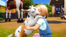 A blonde toddler Sim hugging a white and brown spotted baby goat