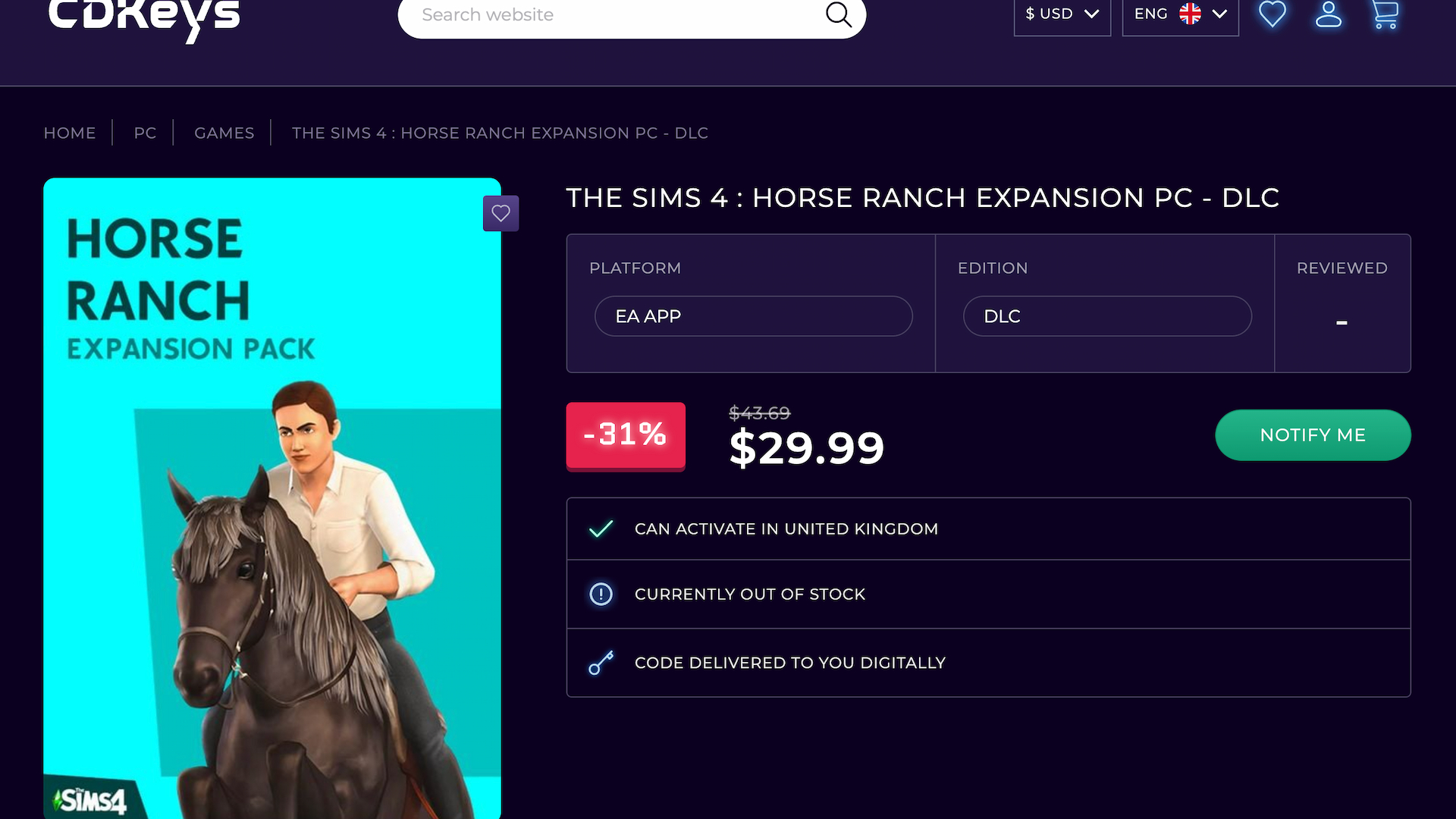A screenshot from the CDKeys website showing the sale of a Sims 4 horse expansion