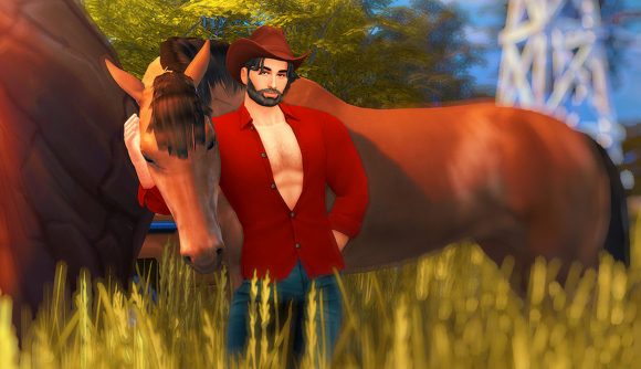 A male Sim dressed in a red cowboy outfit standing beside a brown horse