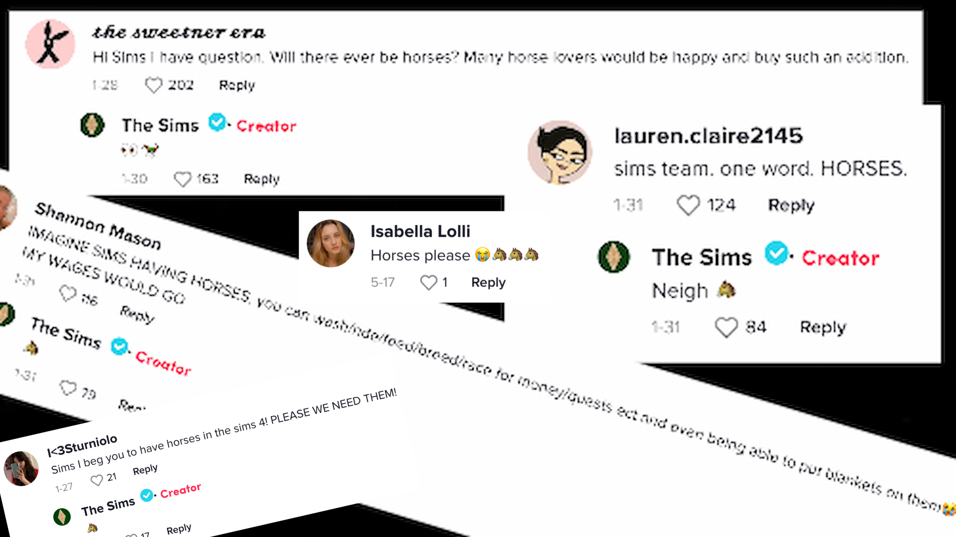 Multiple screenshots taken from a TikTok Sims video in which fans ask about horses coming to the game and EA responds with horse emojis
