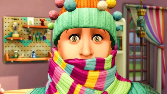 A wide-eyed Sim wearing a colorful scarf and knitted cap stares into the camera