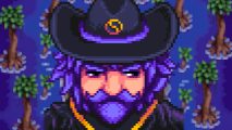 Purple-haired and bearded wizard wearing a black hat looks to the side
