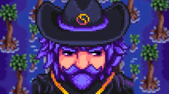 Wizard de cabello púrpura y barbudo con un sombrero negro a un lado