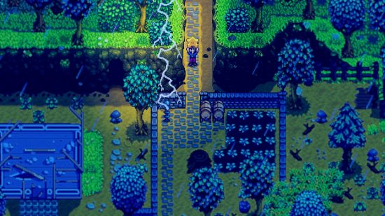 An overview of a Stardew Valley farm showing a character holding up a Stardrop
