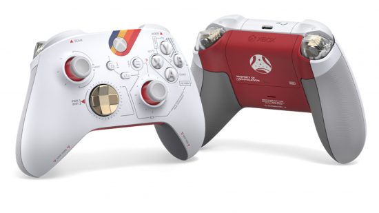 Starfield themed wireless controller is shown from both a front and back perspective against a white background.