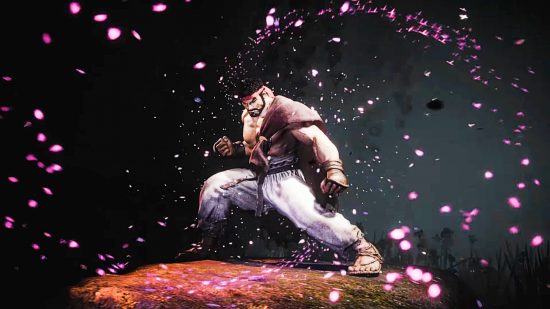 Ryu from Street FIghter 6 posing in a stance with cherry blossom petals surrounding him