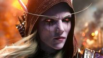 Sylvanas Windrunner, a blonde elf, from World of Warcraft looks angrily to the side as her eyes glow orange