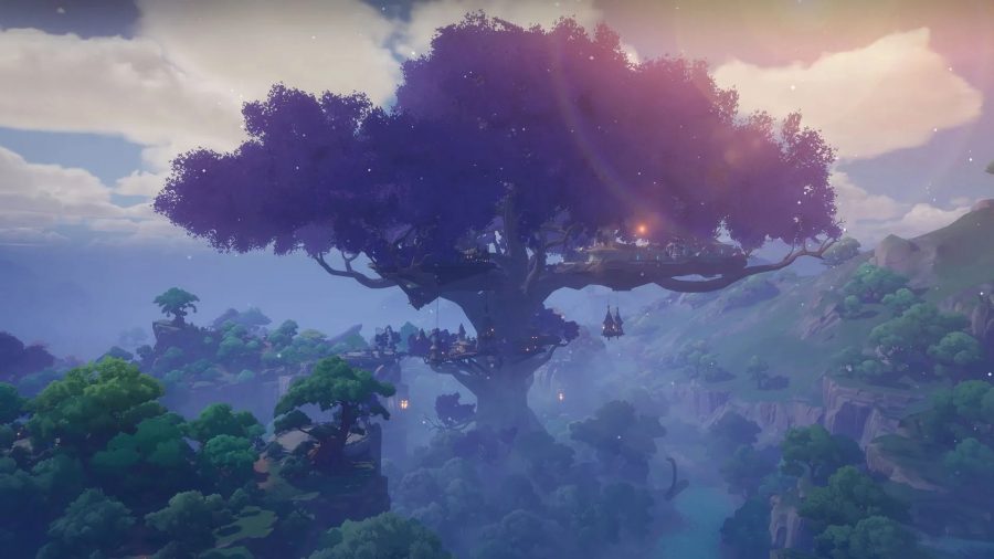 A giant tree against a light purple sky in the MMORPG Tarisland