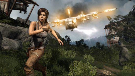 Tomb Raider is basically a free game with this Steam sale: Lara Croft running from a plane that is ablaze above the woods behind her