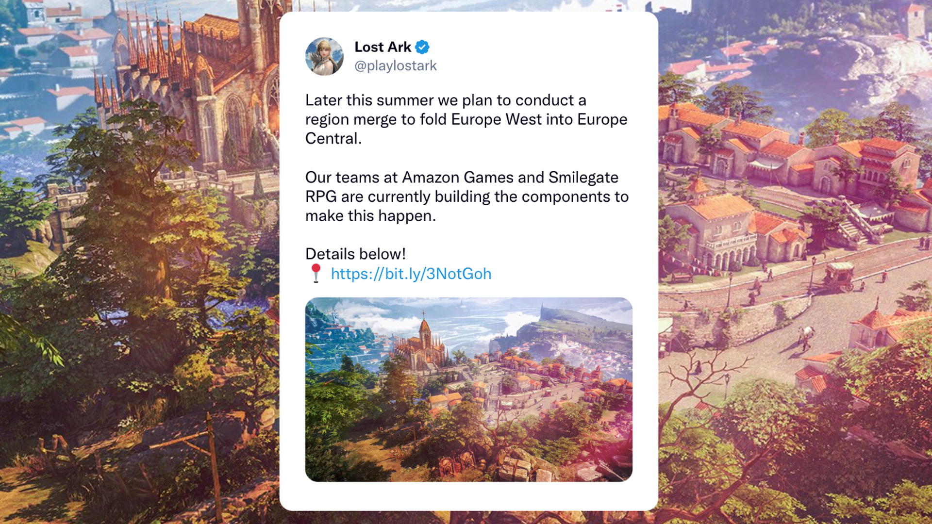 A Tweet from Lost Ark's official Twitter discussing the plan to merge servers in Europe
