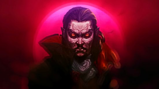 Dracula from Vampire Survivors standing before a red background with a full moon
