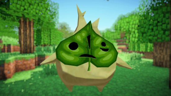 A Korok wearing a leaf mask standing in front of a green Minecraft clearing