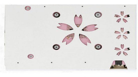 An image of the back of a white GPU with sakura flower shaped designs.