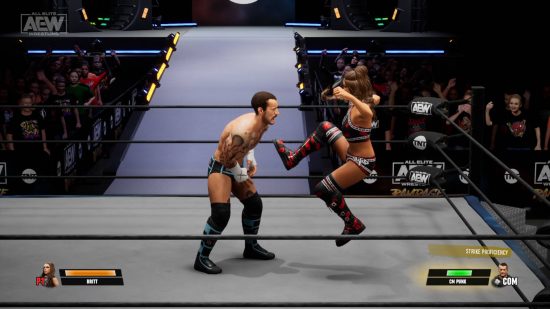 AEW Fight Forever review: Dr Britt Baker D.M.D. is kicking CM Punk in the family jewels in the middle of the ring.