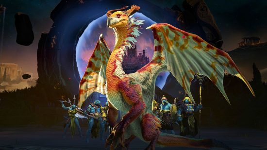 New Age of Wonders 4 DLC lets you lead a dragon army, as a dragon: A huge gold, bird-like dragon stands in front of a portal with small blue orcs in gold armor behind it