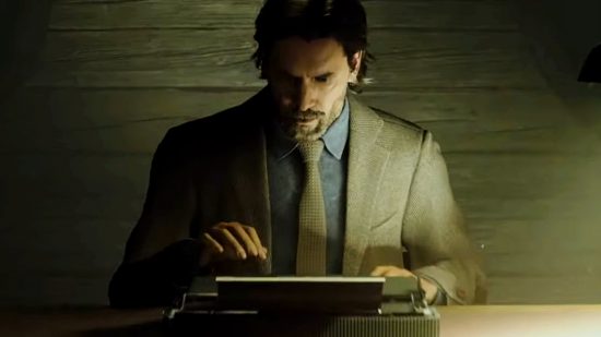 Alan Wake 2 - the author sits at a table, typing.