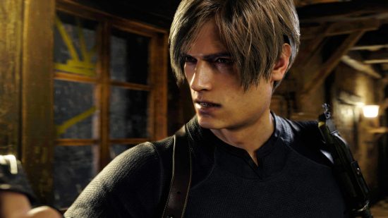 Leon, protagonist of Resident Evil 4, stands with a window behind him