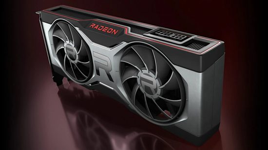 An AMD Radeon RX 6700 XT graphics card sits against a dark red background