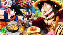 Anime Dimensions codes: popular anime characters, including Goku, Naruto, Boruto, and Luffy, are eating a lot of cake and meat like savages.